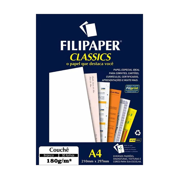 Papel Couché Brilho A4 180g C/ 50 Fls. Branco Filipaper