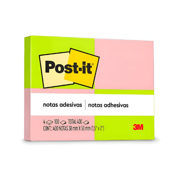 Post-It 38x50mm Com 4 Bl. Com 400 Fls. Verde Rosa 3M Ref. HB4088314
