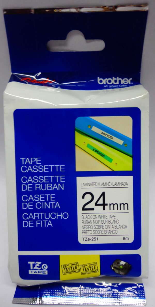 Fita Rotulador Eletrônico 24mm Branca/Preta Brother Ref. Tze251