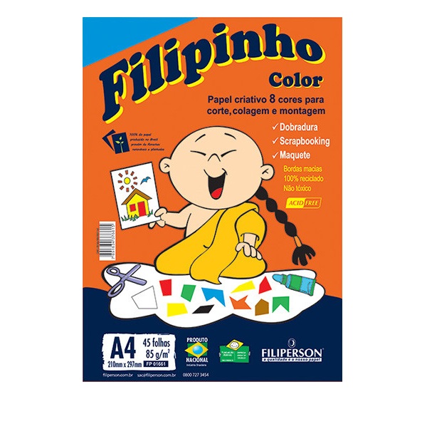 Papel Escolar Criativo A4 85g Com 45 Fls. Color 8 Cores Filipinho Ref. FP01661