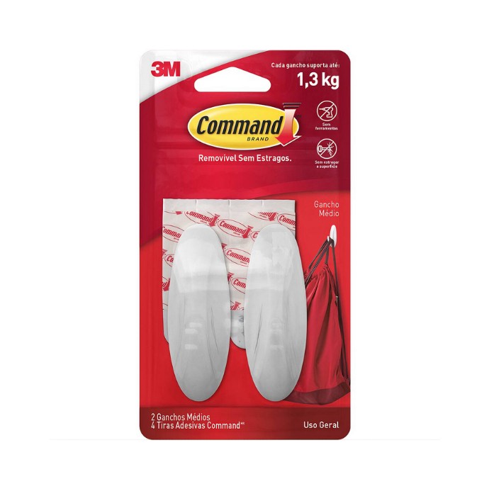 Gancho Adesivo Médio Com 2 UN Suporta Até 1,3kg 3M