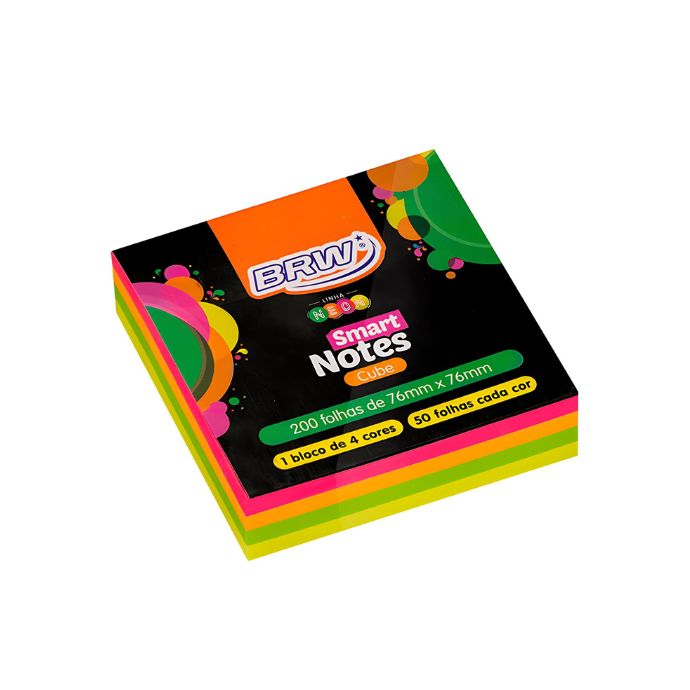 Bloco Cube 76x76mm Smart Notes C/200Fls Rosa, Laranja, Verde e Amarelo